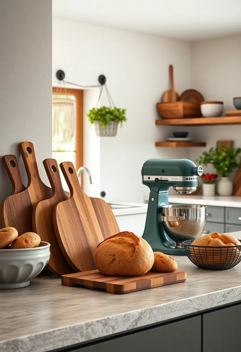 Hand-Carved Wooden Cutting Boards Arranged Near a Vintage stand Mixer and Freshly​ Baked bread