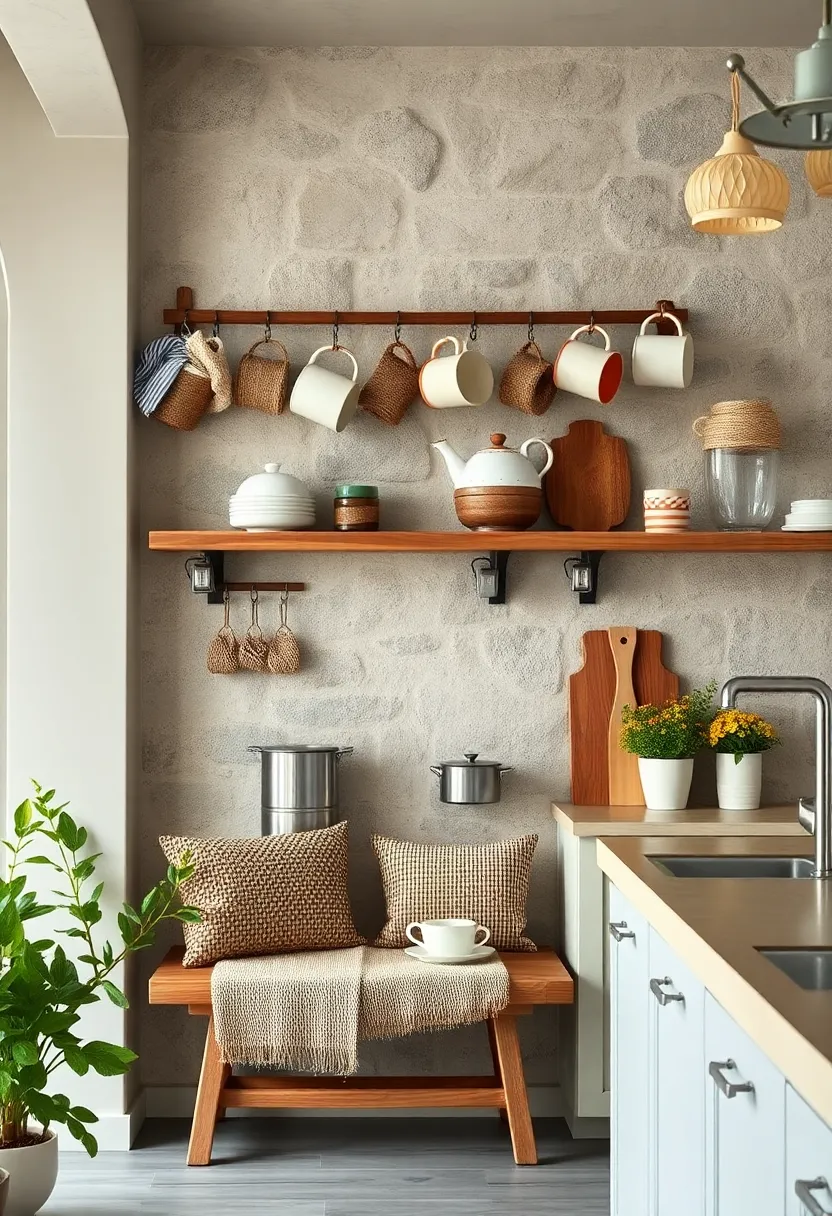 Handmade Ceramic ⁢Mugs hung ‌from Rustic Peg Rails Above ⁣a Wooden⁤ Coffee Nook ‌with Burlap⁤ Accents