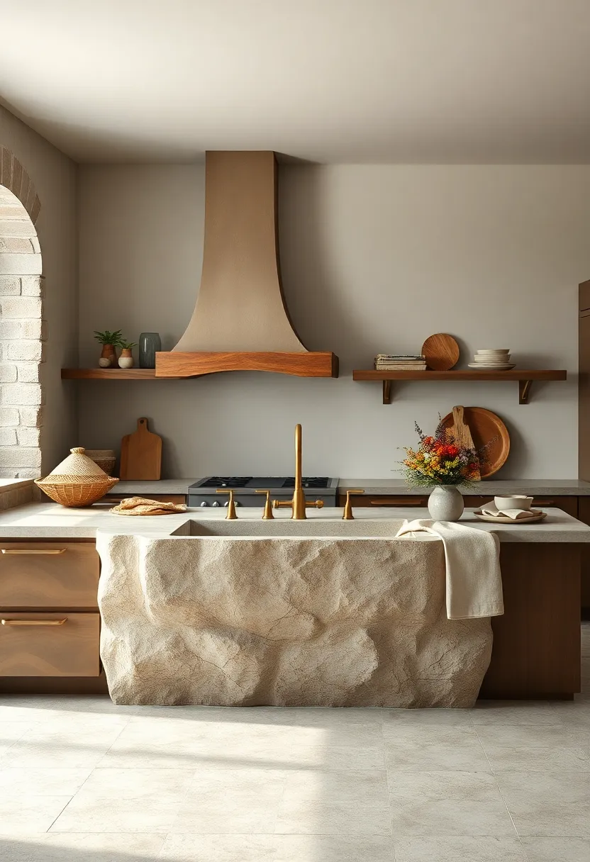 Massive Farmhouse ⁣Sink ⁢Made‍ from Natural Stone ⁣Accompanied by Rustic Brass ⁢fixtures and​ Woven Linen Cloths