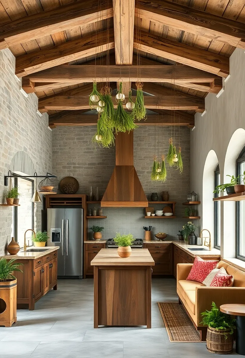 Open⁤ Beamed ‌Ceilings with Hanging Dried Herbs and⁣ Garlic Braids Creating a Sensory Farmer’s Market⁤ Vibe