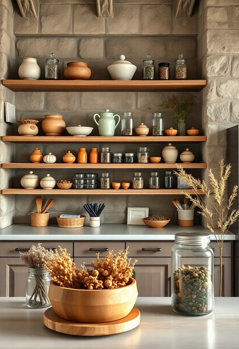 Open Shelves showcasing ⁣Handcrafted‌ Earthenware and Mason Jars‍ Filled with Dried Herbs ⁢and Spices