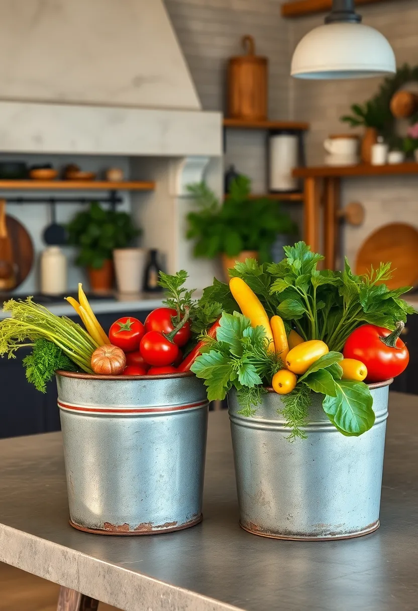 Patinaed Metal Buckets Holding Freshly Picked Vegetables ⁤in a⁤ Rustic Kitchen Setting‌ Filled​ with Natural‌ Textures