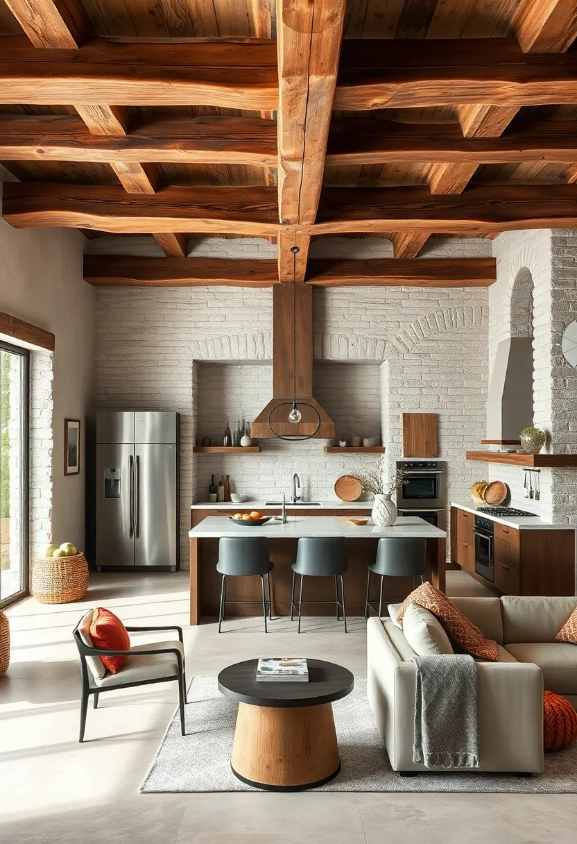 Rough-Hewn Wooden Beams ⁤Cross the Ceiling Above an Open ⁣Plan Kitchen‌ Combining Rustic Elements with Modern Flair