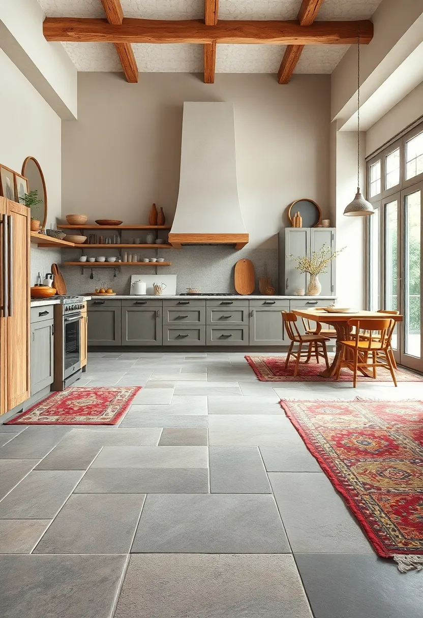 Rustic ​Kitchen‍ Floor Made of Large, Weathered Stone Tiles Complemented ‌by Patchwork Rugs