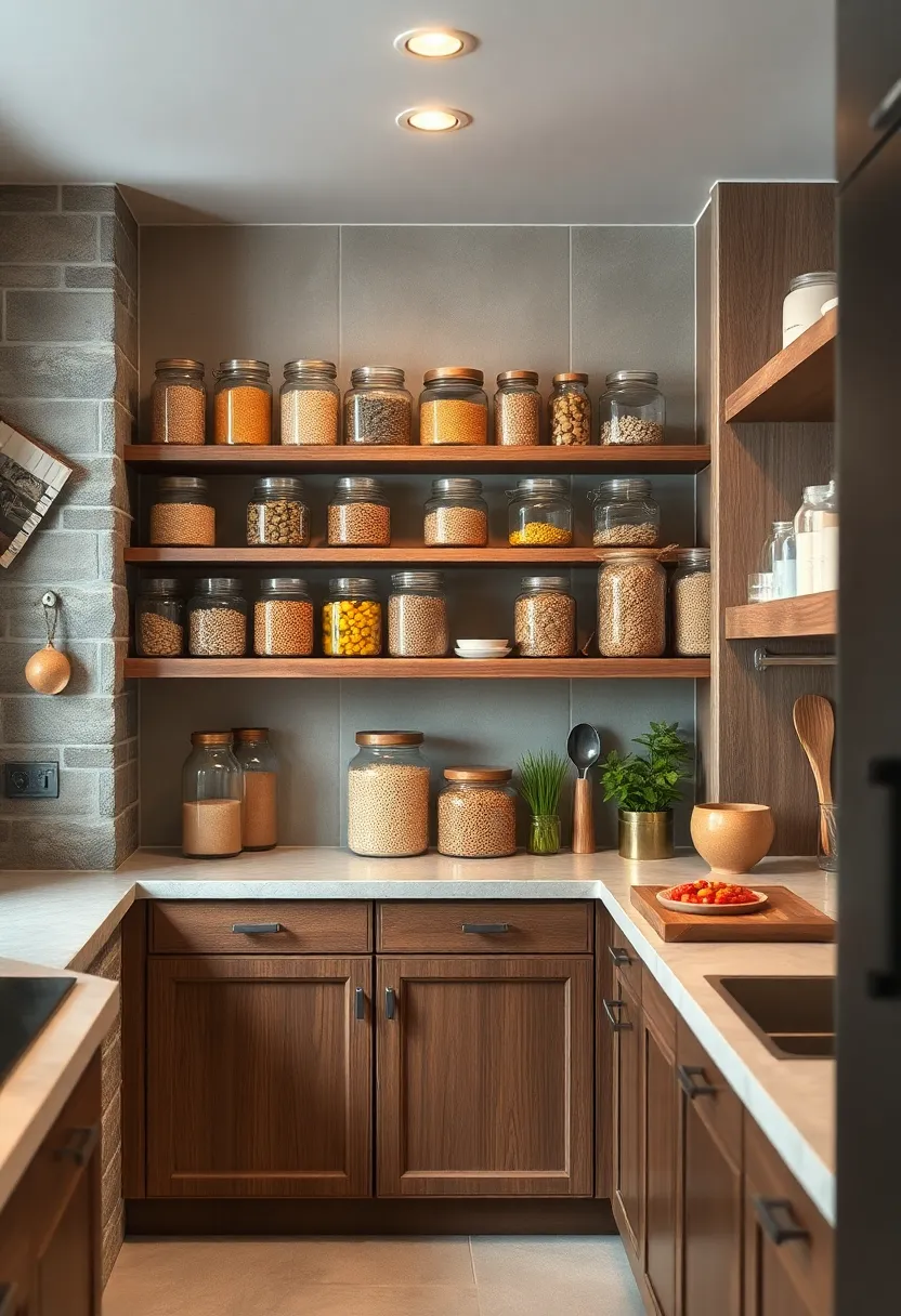 Rustic Kitchen⁣ Pantry with Glass ⁢Jars Full of Grains ⁤and Legumes Lined on Open Wooden Shelves