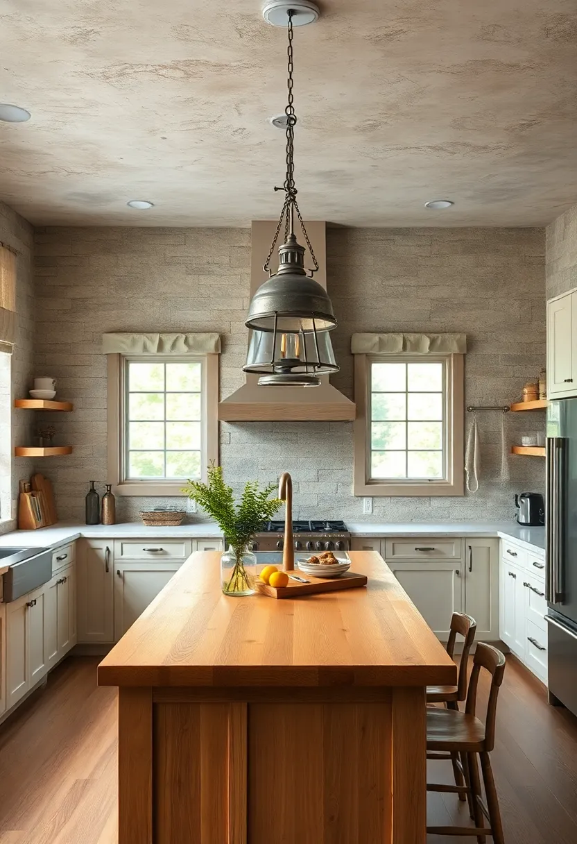 Rustic Pendant Lighting‍ Made ⁢from Aged Metal Hanging Over a ⁣Center Island with a Butcher Block Countertop