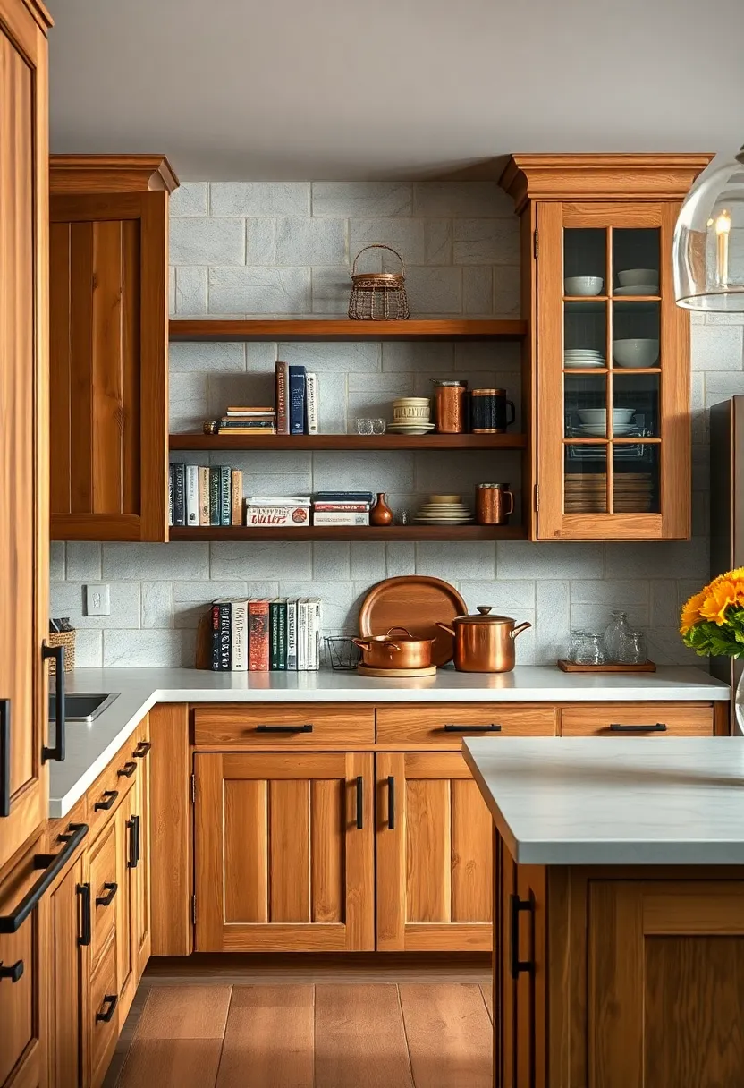 Rustic Wooden‌ Cabinets with⁣ Black‍ Iron Handles Open⁤ to Reveal Shelves Lined with Classic Cookbooks and Copper Cookware
