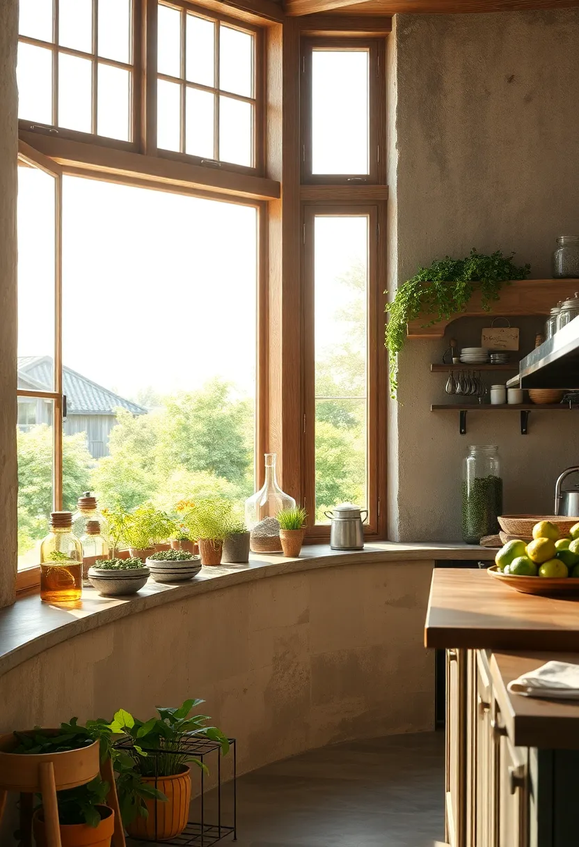 Sun-Drenched​ windows Framed with ⁢Weathered Wood ‍Overlooking a Lush Herb Garden in a Rustic Kitchen