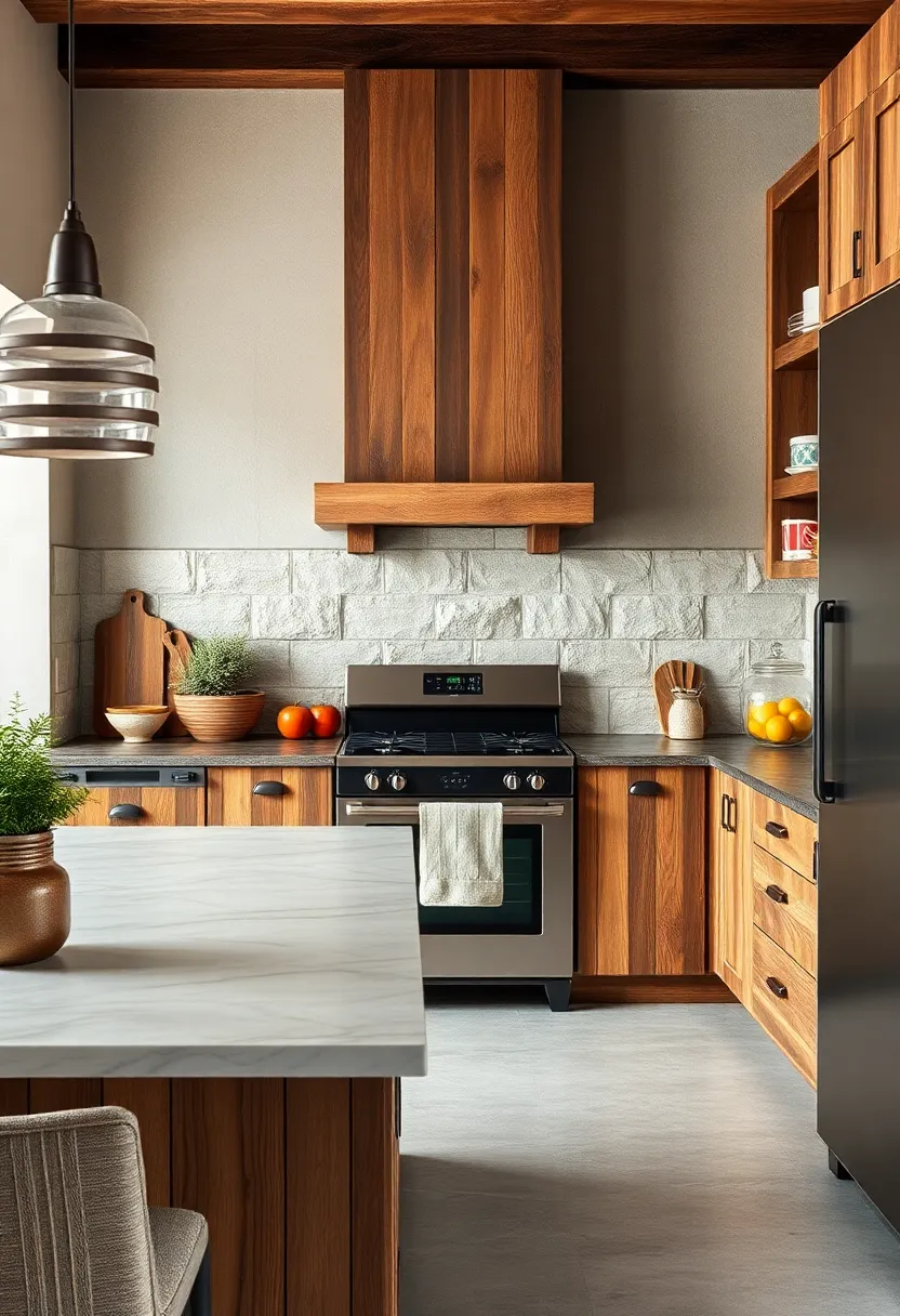Textured Stone Backsplashes Paired with Reclaimed Wood‌ Cabinets ​Evoking Timeless Rustic Elegance
