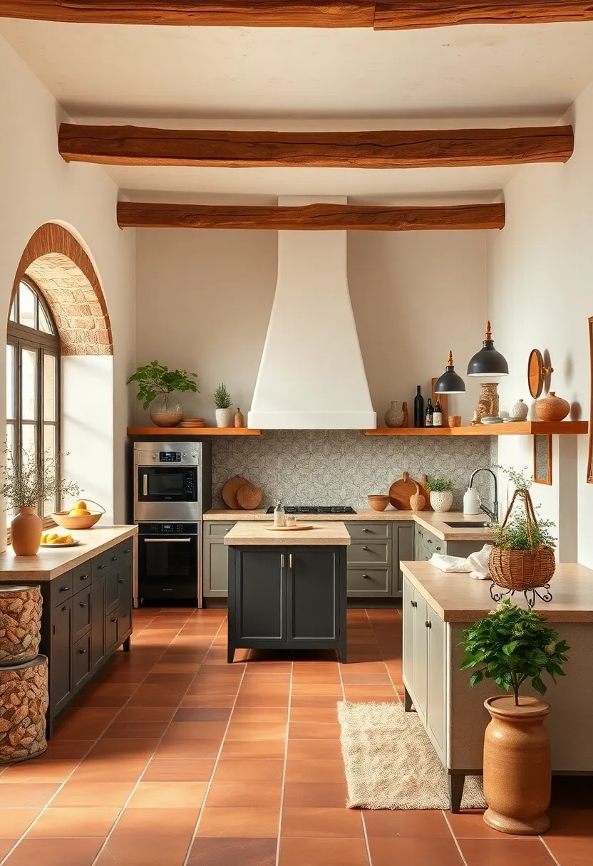 Warm ⁣Earth Tone ​Palette Featuring Terracotta Tiles ⁣and Soft Cream Walls with Rustic⁣ Wooden Beams