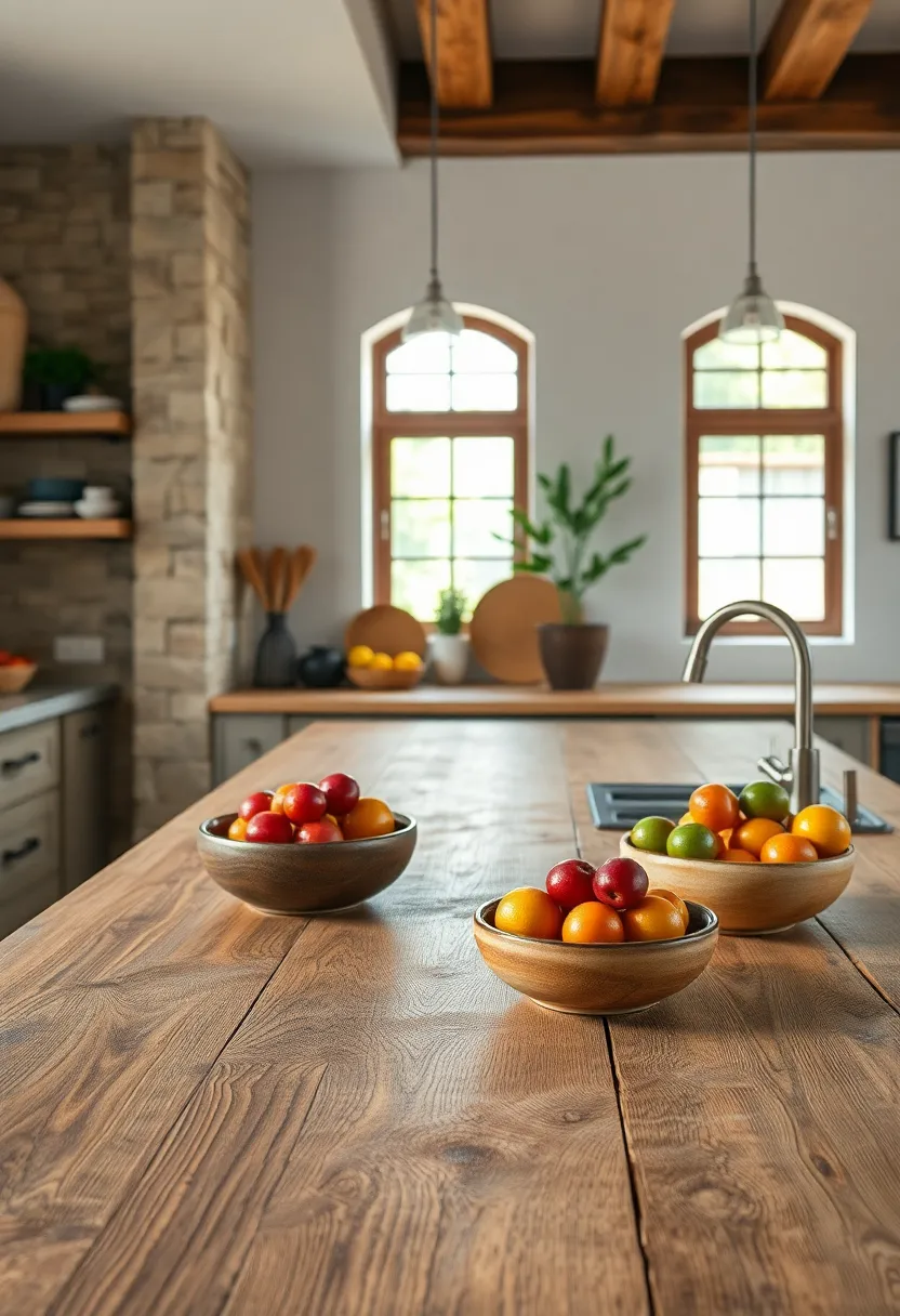 Wide Wooden Countertops⁤ with Visible Knots and Grain Next to⁤ Clay Bowls Filled with Fresh‍ Fruit