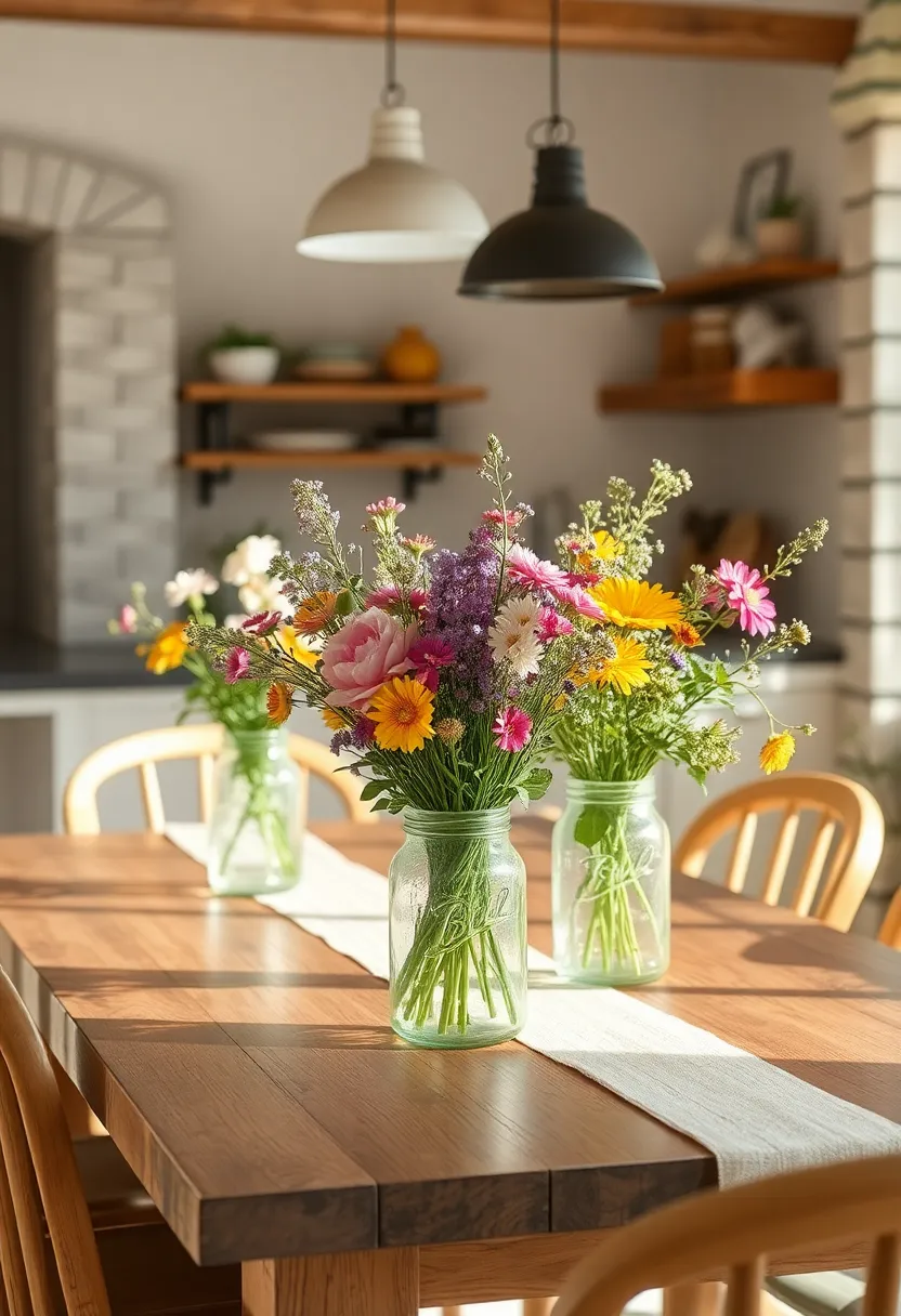 Wildflower bouquets in Mason Jars ⁢Decorating a Rustic Kitchen table Surrounded by ⁤Sunlit​ wooden Chairs