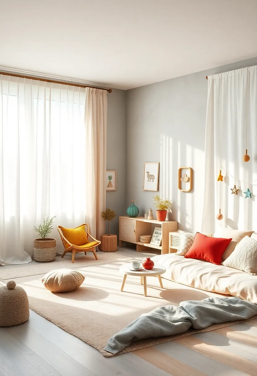 Soft Natural ⁢Light⁤ Filtering Through Sheer Curtains Enhancing Calmness in Scandinavian Kids’ Rooms