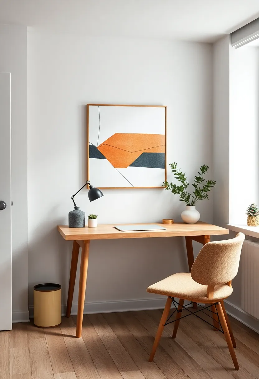 Compact home office setup with ‌a slim,‌ light wood desk ‍surrounded by Scandinavian-inspired geometric wall art