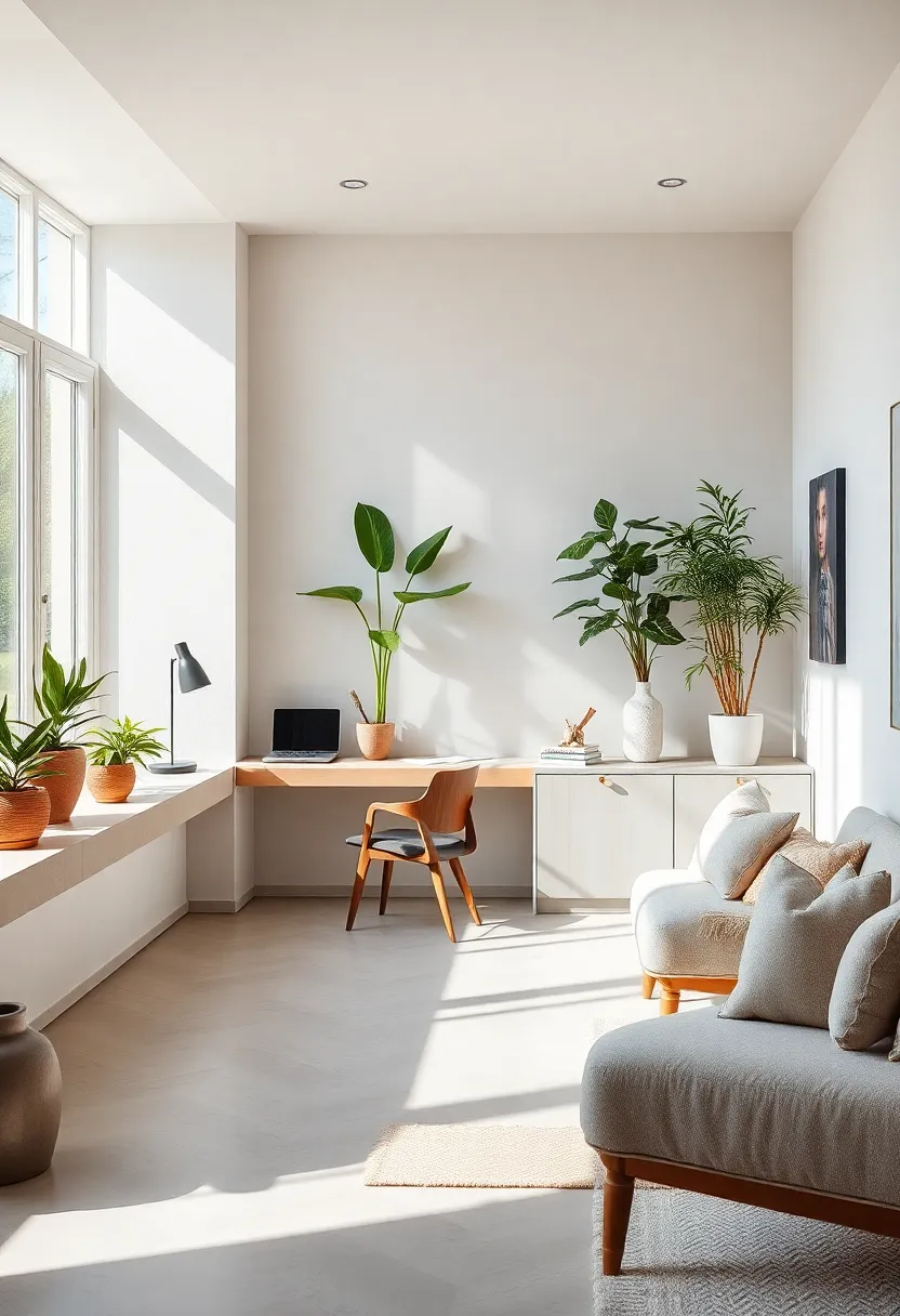 Cozy‍ Corners with Simple White Desks Surrounded by Greenery and neutral Toned Walls