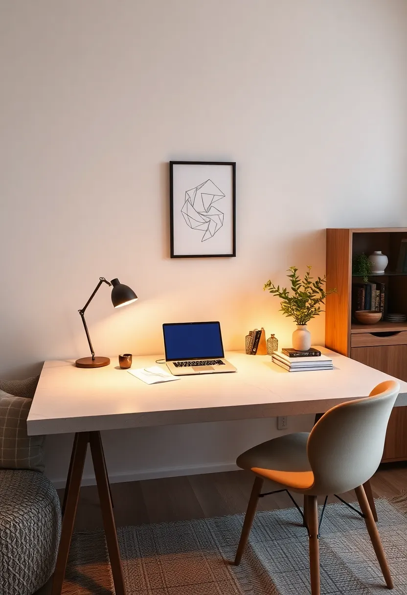 warm ambient light‍ illuminating a minimalist⁢ Scandinavian desk with⁤ a single laptop,organized papers and neutral decor