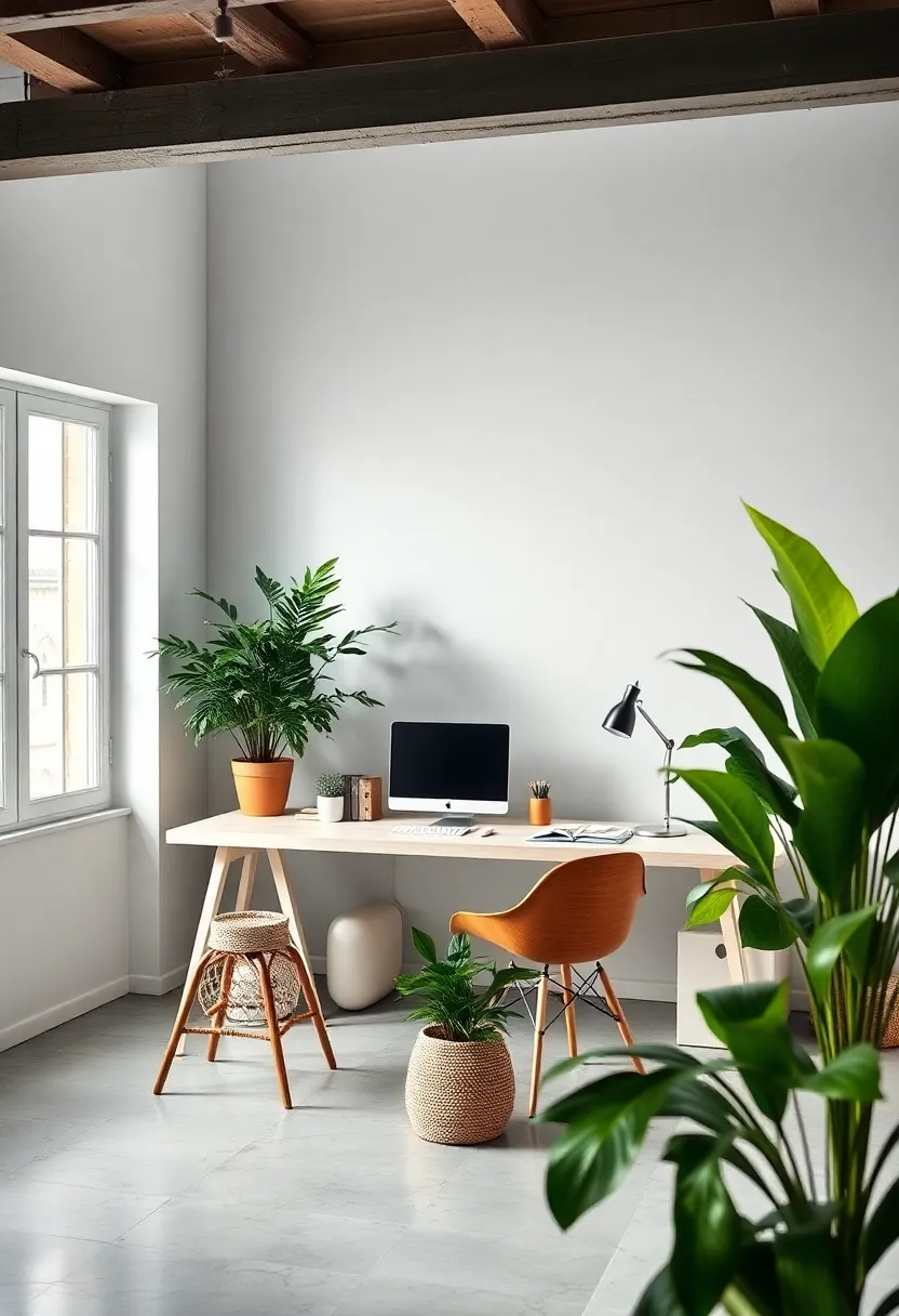 Scandinavian Desks Framed by Large Indoor Plants Creating a fresh and Inviting Work Atmosphere