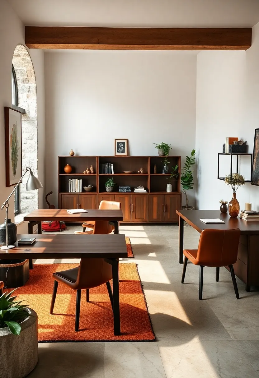 Scandinavian ⁢Workspaces with‍ Masculine Edges ‌Featuring Dark Wood Minimalist Desks and Leather Chairs