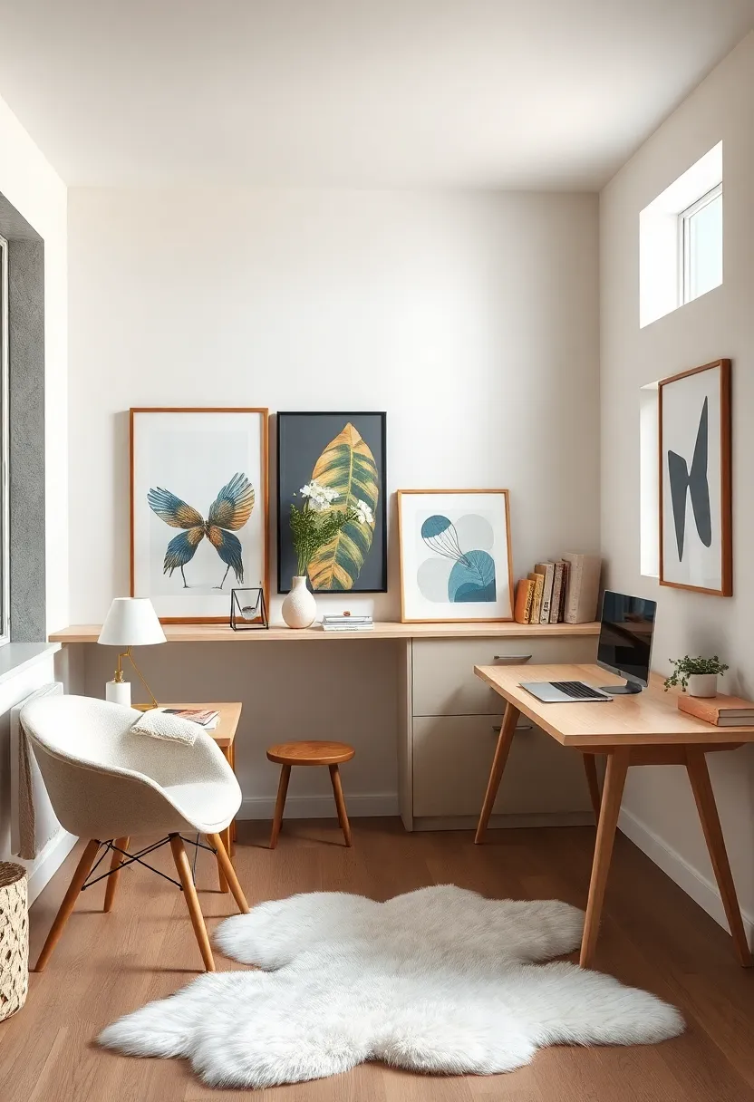 Home Offices Featuring Pale Pine Desks with Coordinated Artwork and Soft Sheepskin Rugs