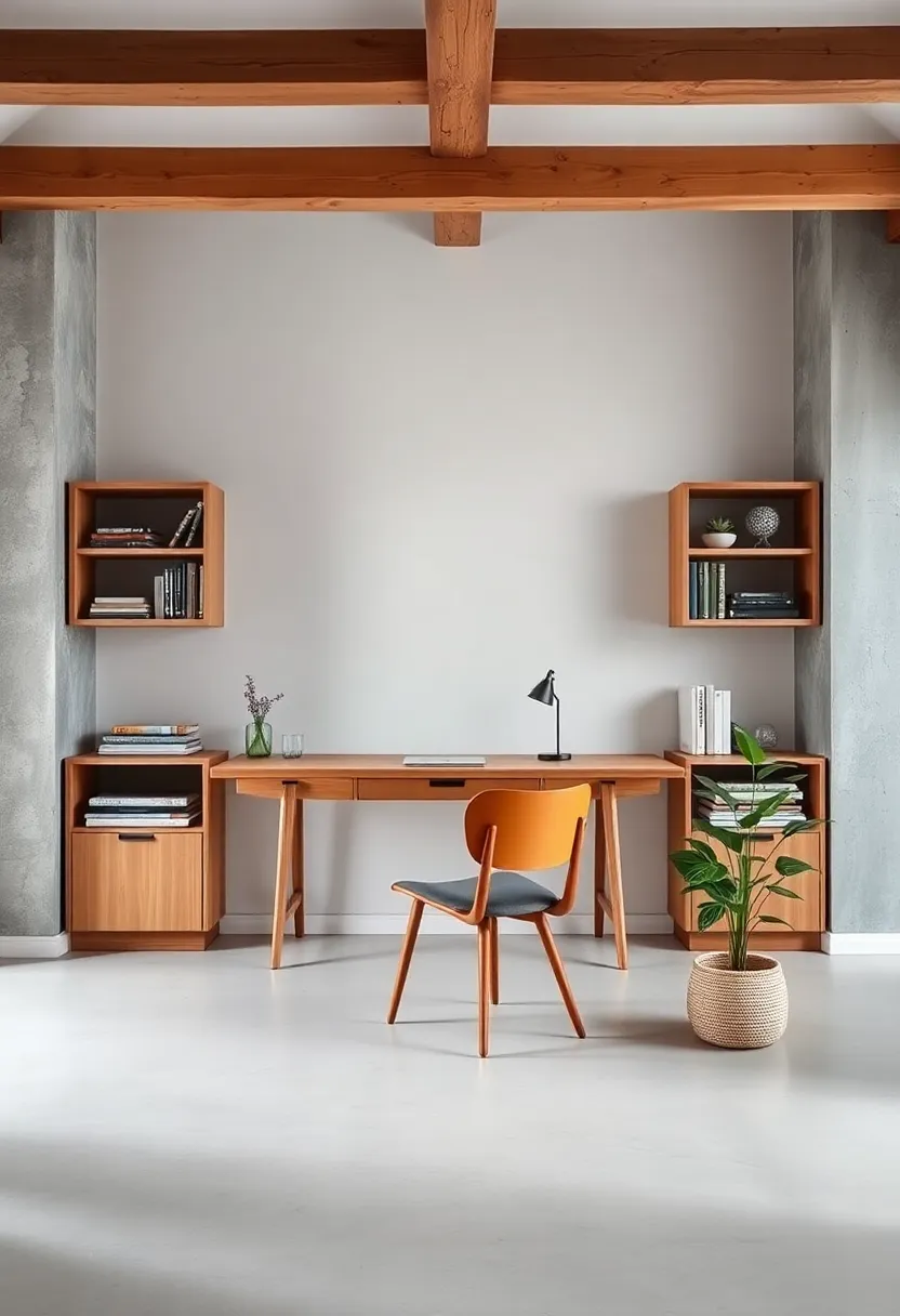 Open shelving framing a minimalist desk set against ⁤exposed wooden beams in a Scandinavian ⁣home office interior