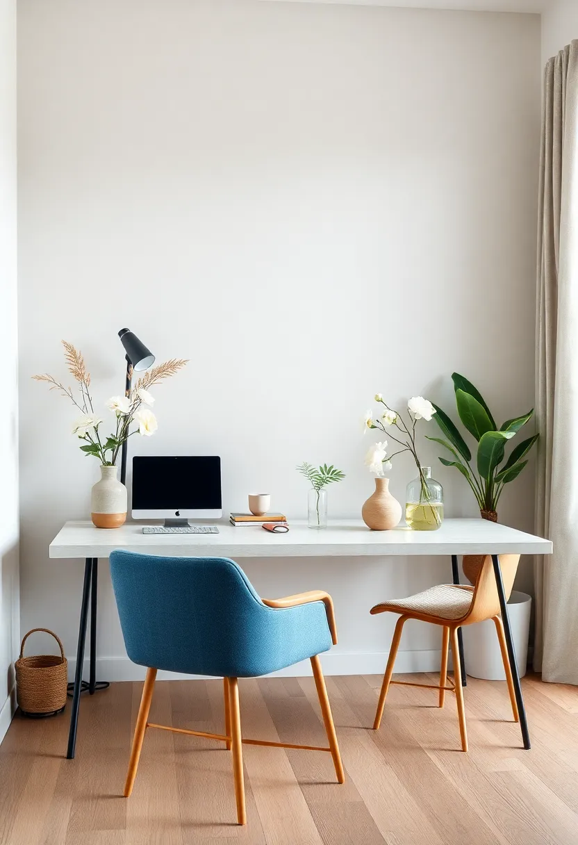 Soft Scandinavian Desks Embellished with Ceramic Vases and Fresh White Floral Arrangements