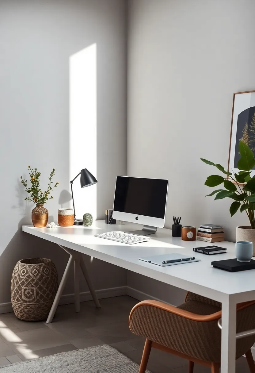 Minimalist desktop accessories ​on a smooth ⁣white Scandinavian desk surrounded by light grey walls and soft sunlight
