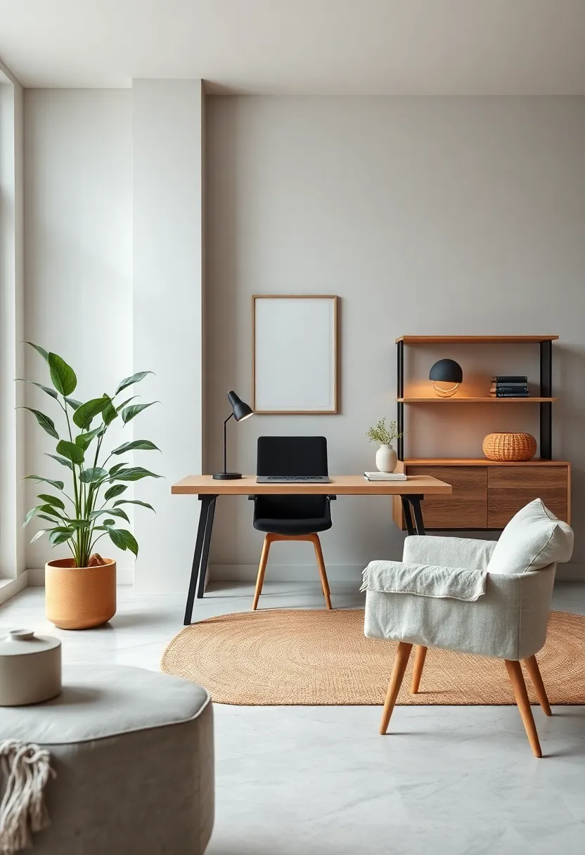Balanced composition of ⁢Scandinavian minimalist furniture‍ including a simple​ desk,muted ⁢tones,and subtle greenery