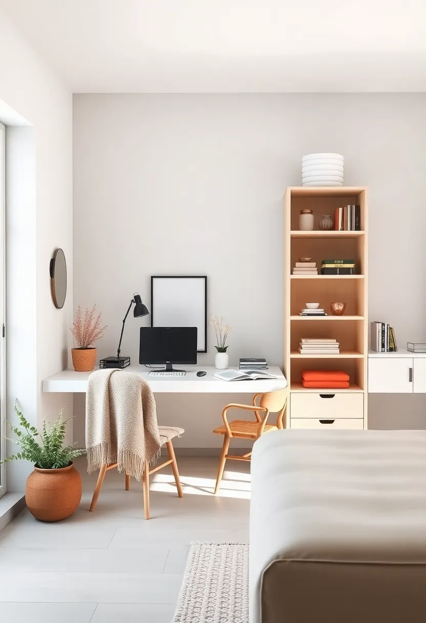 Compact⁣ Minimalist Desks Paired with Cozy⁣ Woolen Throws and light Wood‌ Shelving Units