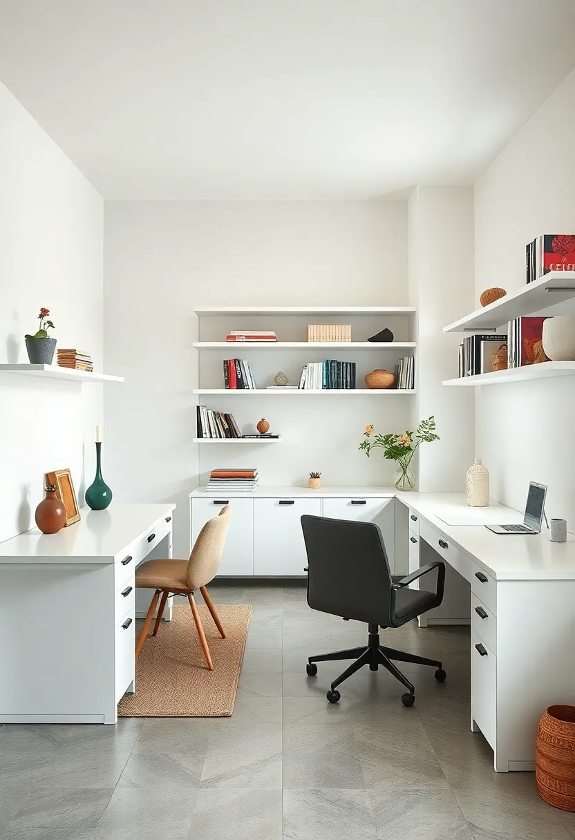Light-filled Rooms With Clean White Minimalist Desks and Open Shelves Hosting⁤ Books and Artifacts