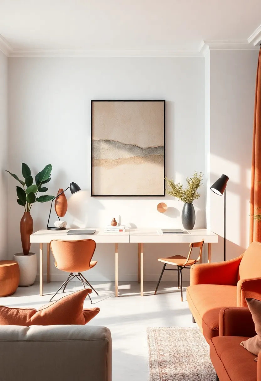 Balanced Design With Minimalist⁢ Desks Set Beneath Neutral color Artwork and Sculptural⁣ accessories