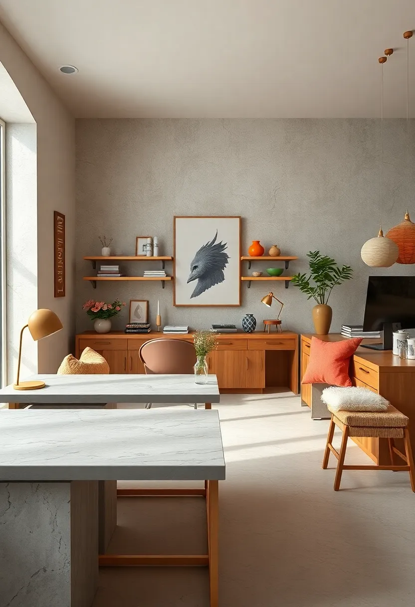 Minimalist Scandinavian Desks Accented by Warm Brushed Metal Hardware and Woven Seating