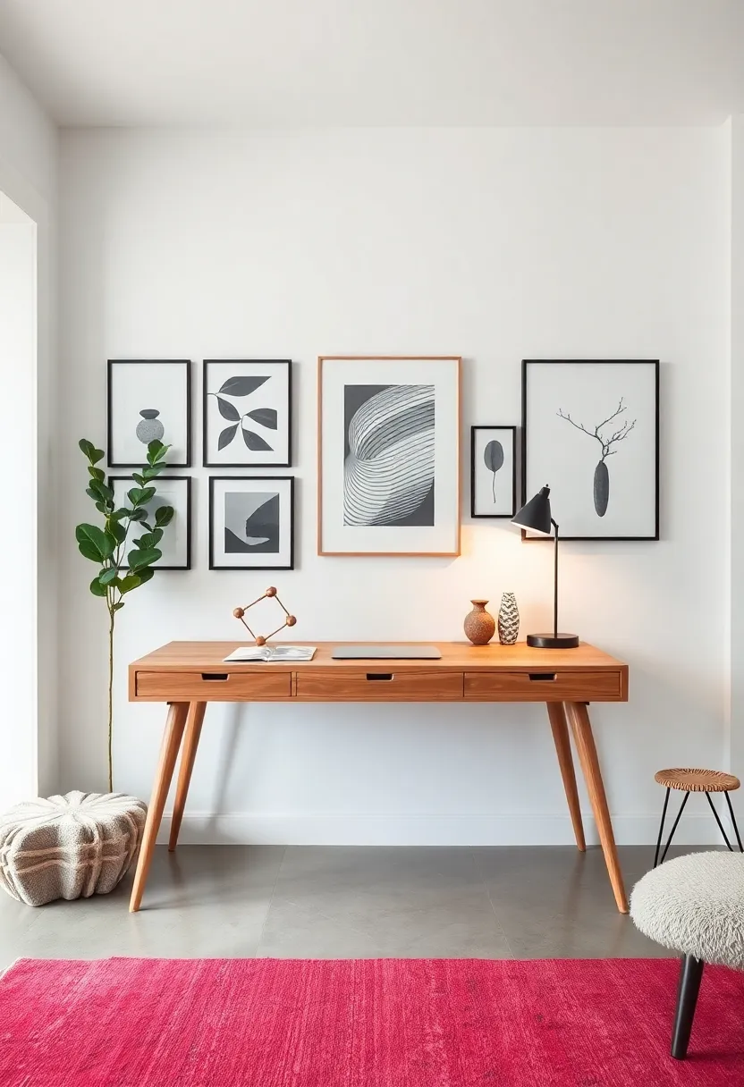 Natural wood desk with slender legs placed ‌against a backdrop of white ​walls⁣ and‍ a gallery of minimal black-and-white⁣ art