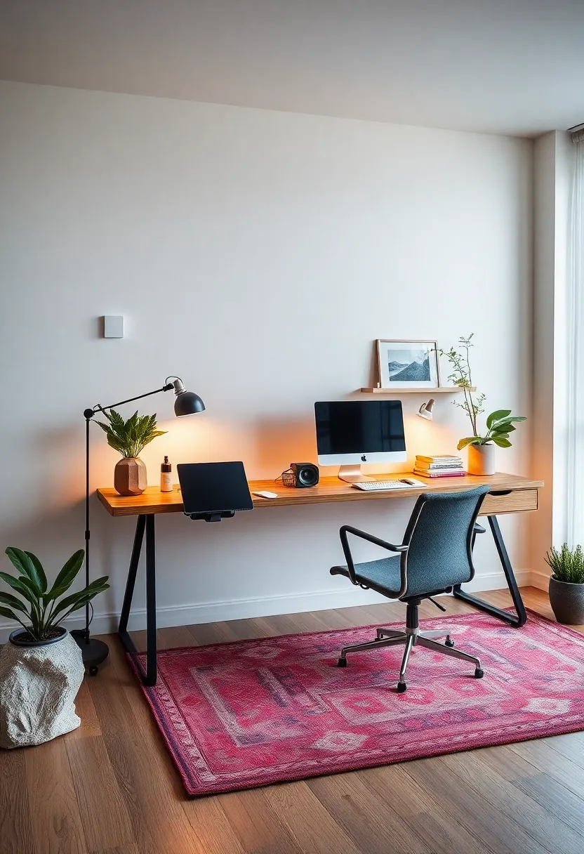 Simple Scandinavian Work‍ Desks ‌Displayed with Minimalist Tech and warm Ambient Lighting