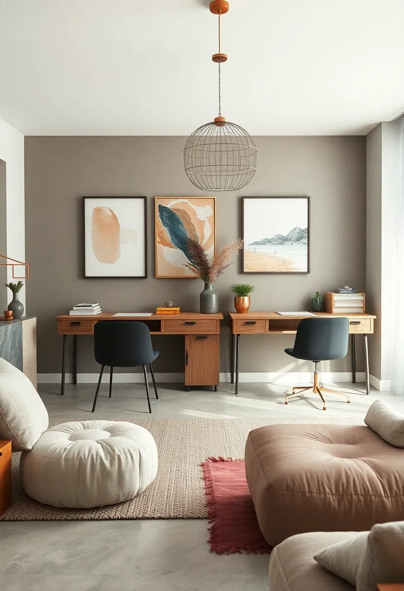 Muted Color Palettes Surrounding Sleek Desks⁤ Enhanced by Abstract Prints and Copper Accents