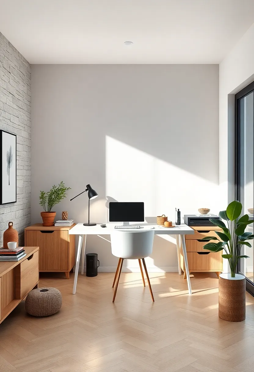 Scandinavian home office showing​ multifunctional storage solutions around a clean-lined minimalist desk ‍setup