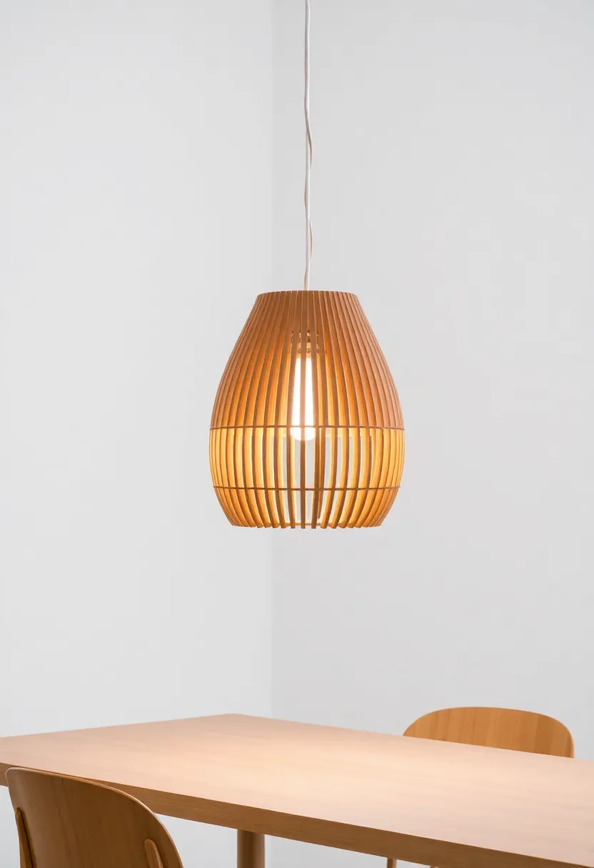 Tom Rossau’s TR-8 Pendant: The innovative design using thin wood slats adds warmth and texture, harmonizing beautifully with minimalist spaces