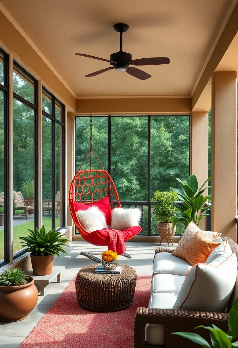 Balance Bold ‌Accents with a Bright Red Hanging​ Chair and Neutral Feather Pillows