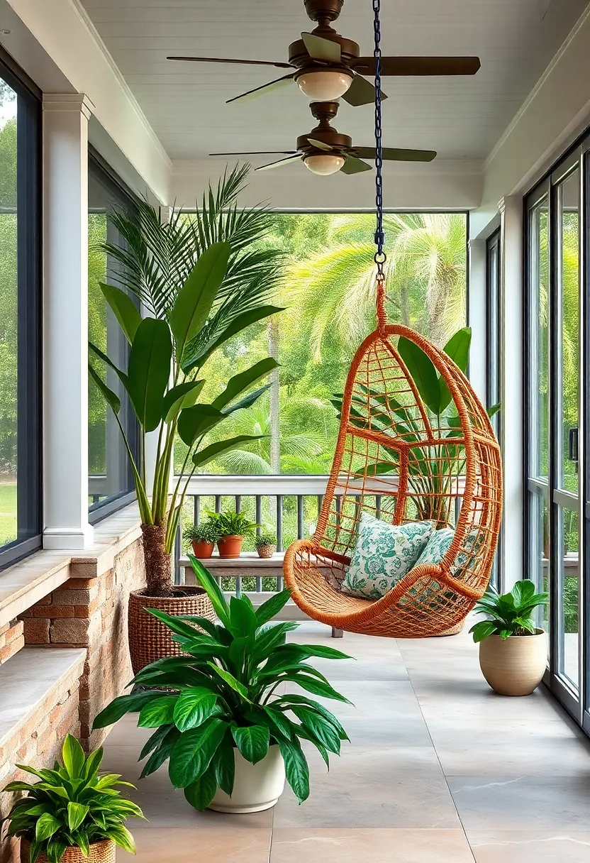 Decorate with Tropical Flair by Adding Leafy ‌Green ‌Plants Around a Rattan Hanging chair
