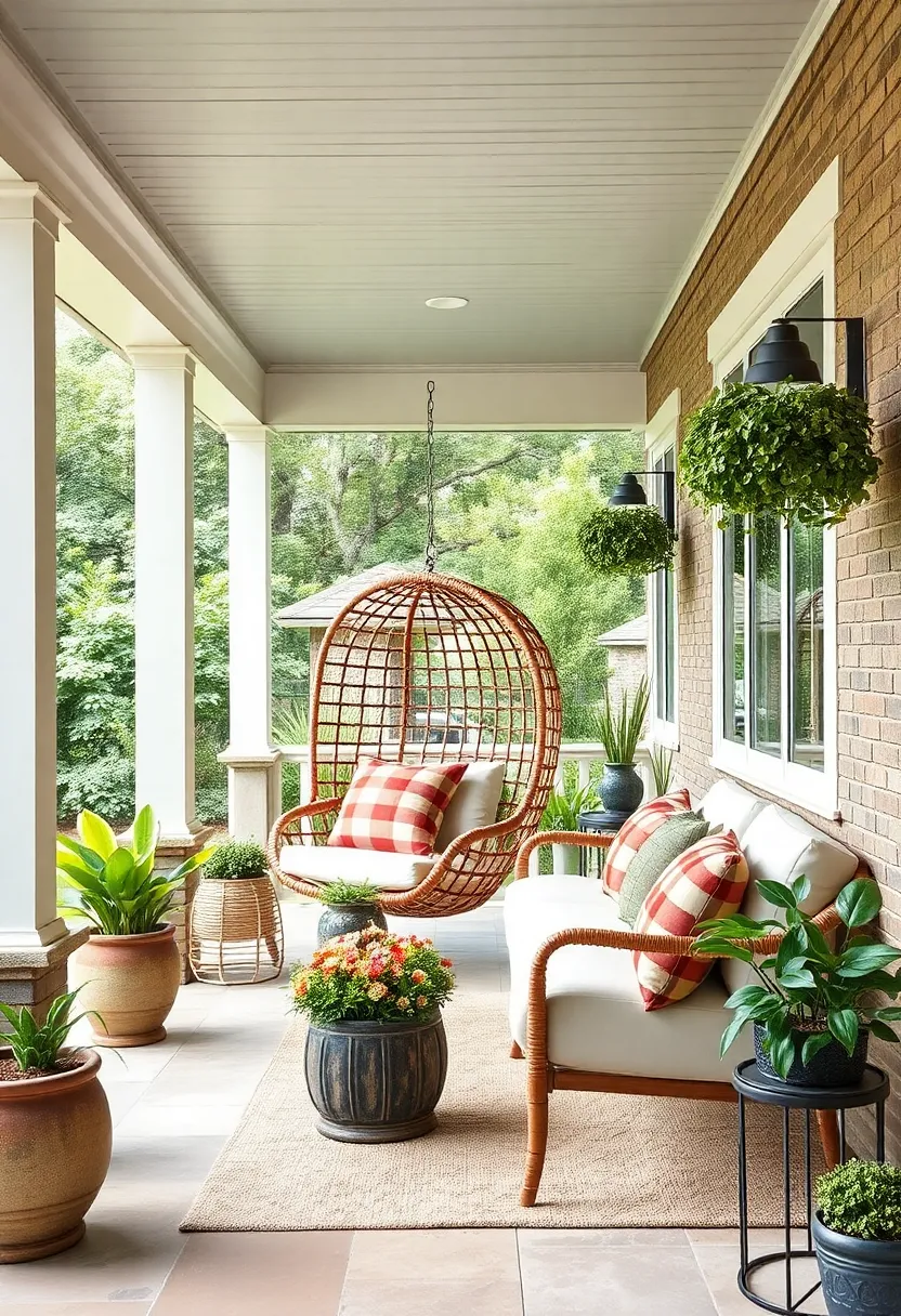Embrace Rustic Charm with a ‍woven Rattan ​Hanging Chair Paired with Soft Plaid Cushions