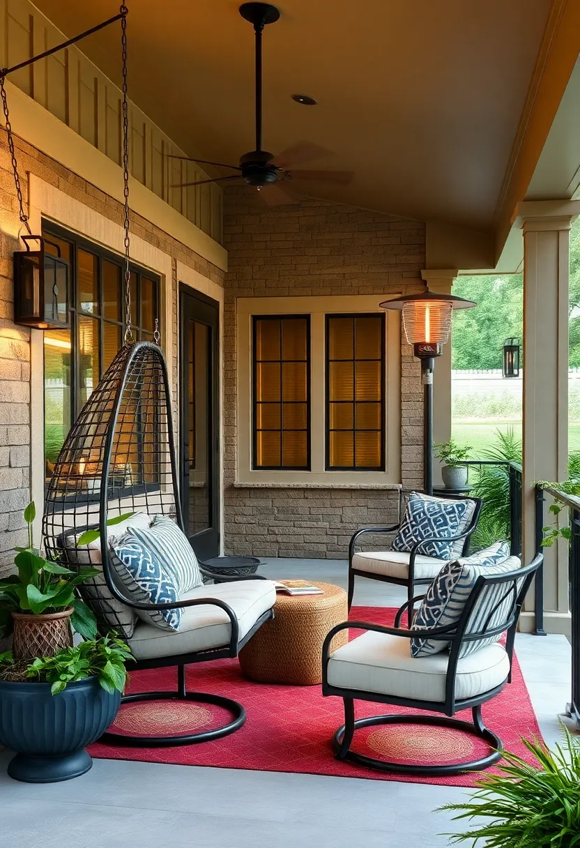 Enhance Evening Comfort with a Hanging Chair Positioned Near a Mounted Outdoor Heater