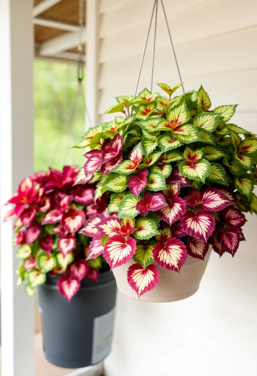 Coleus: With vibrant variegated leaves in a range of colors, coleus adds visual interest to your hanging baskets, thriving in bright but indirect sunlight