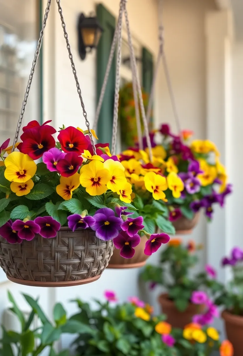 Pansies: Bursting with cheerful colors, pansies are ideal for hanging baskets that catch the sun, offering a vibrant display from early spring to late summer