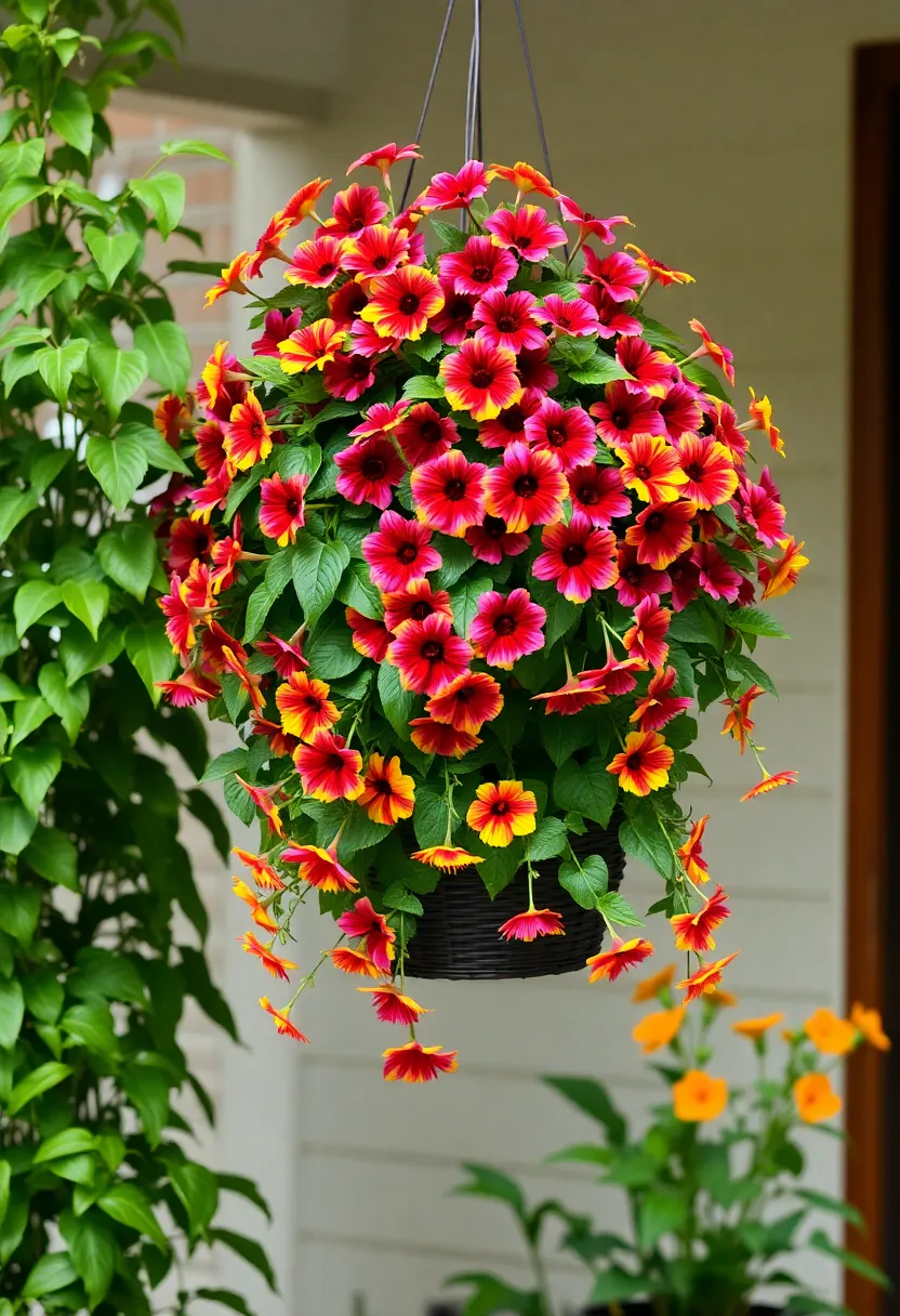 thunbergia (Black-eyed Susan Vine): Easily trained to climb, thunbergia brings a cascade of striking flowers, perfect for brightening any hanging basket