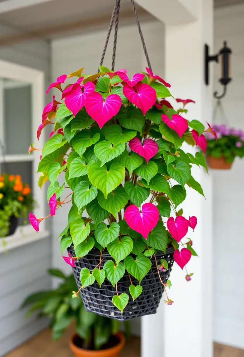 Sweet Potato Vine: With its vibrant, heart-shaped leaves, this vigorous grower adds dazzling greenery and a pop of color to your hanging arrangements