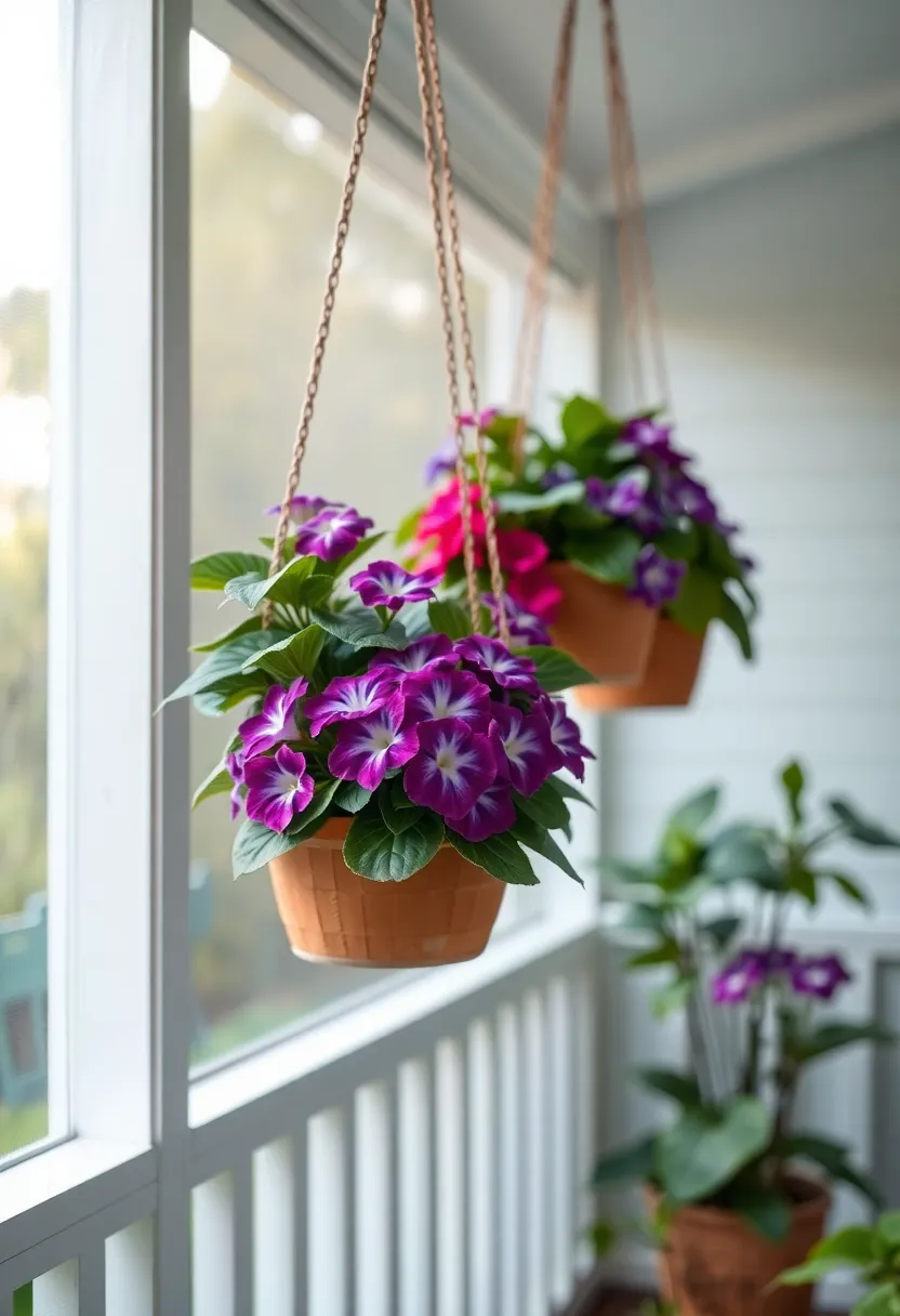 African Violet: With their soft leaves and beautiful flowers, African violets bring a touch of elegance and vibrancy to your hanging displays, enjoying the filtered light