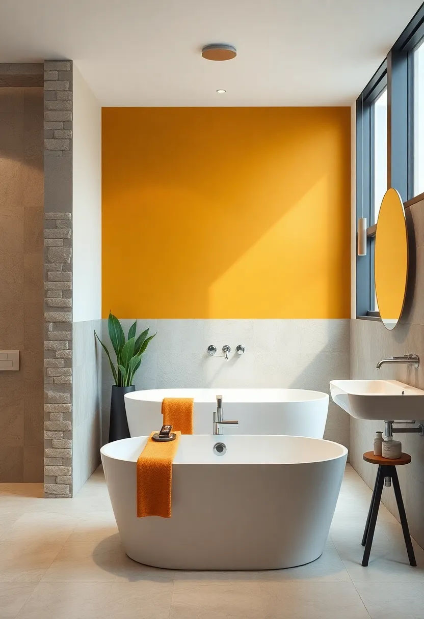Bold Accent Walls Bringing Character and Warmth to Small Bathrooms with Tub Focal Points
