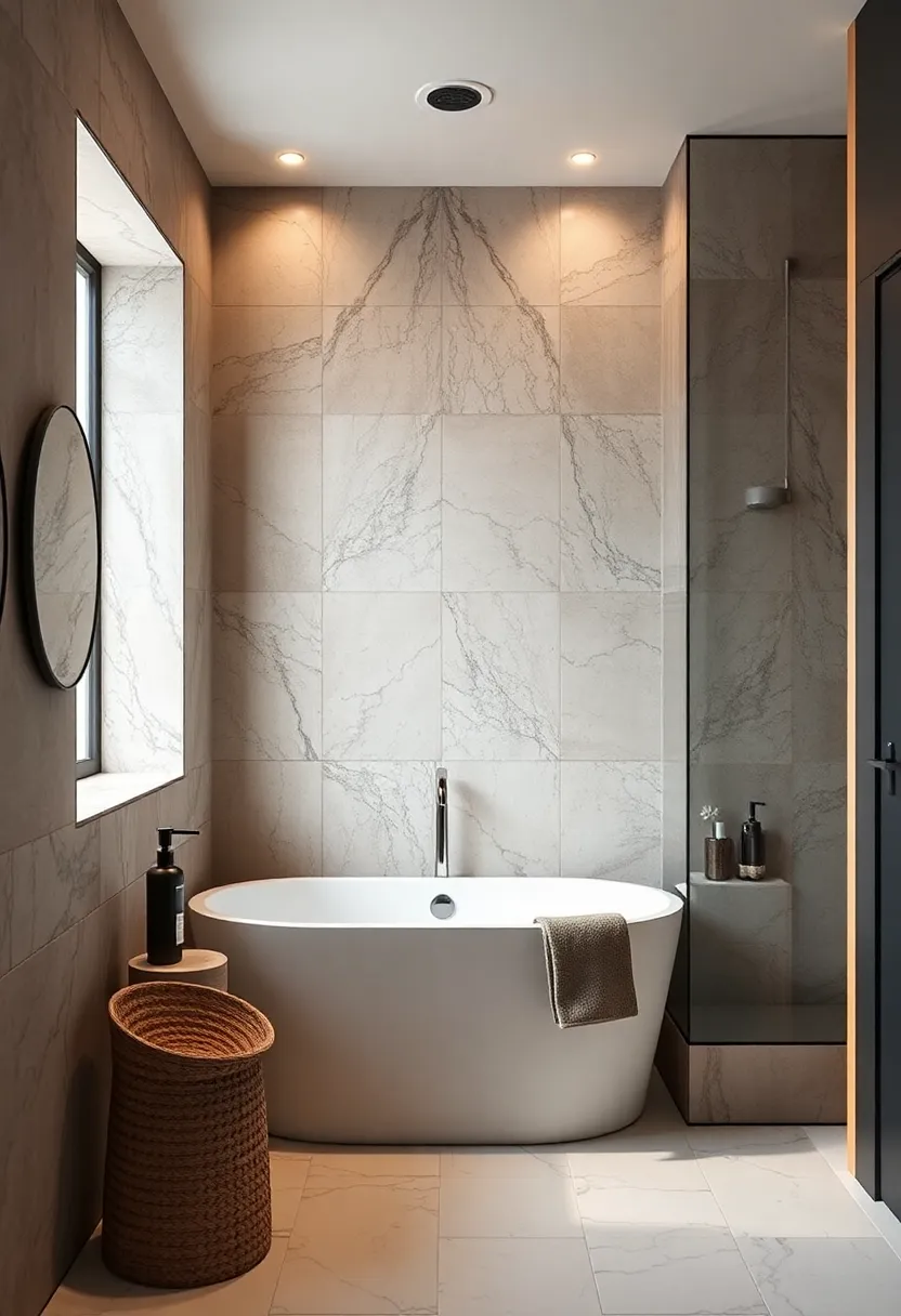 Textured Wall Panels Adding dimension and Sophistication Around a Compact Tub ​Space