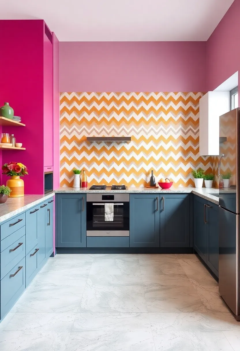 Bold Chevron Patterns Using Contrasting Colors to Energize Small Kitchen Spaces