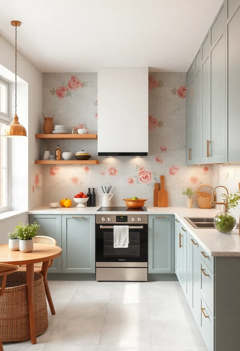 Delicate Floral Motifs Intertwining Softness and Style on Charming Small Kitchen Walls
