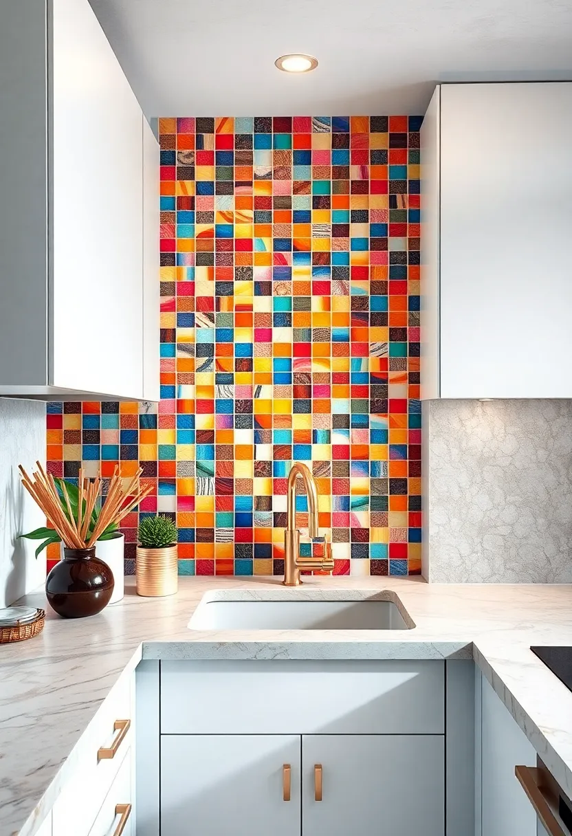 Vibrant Mosaic Tiles Creating a Dynamic and colorful Focal Point Behind the Sink